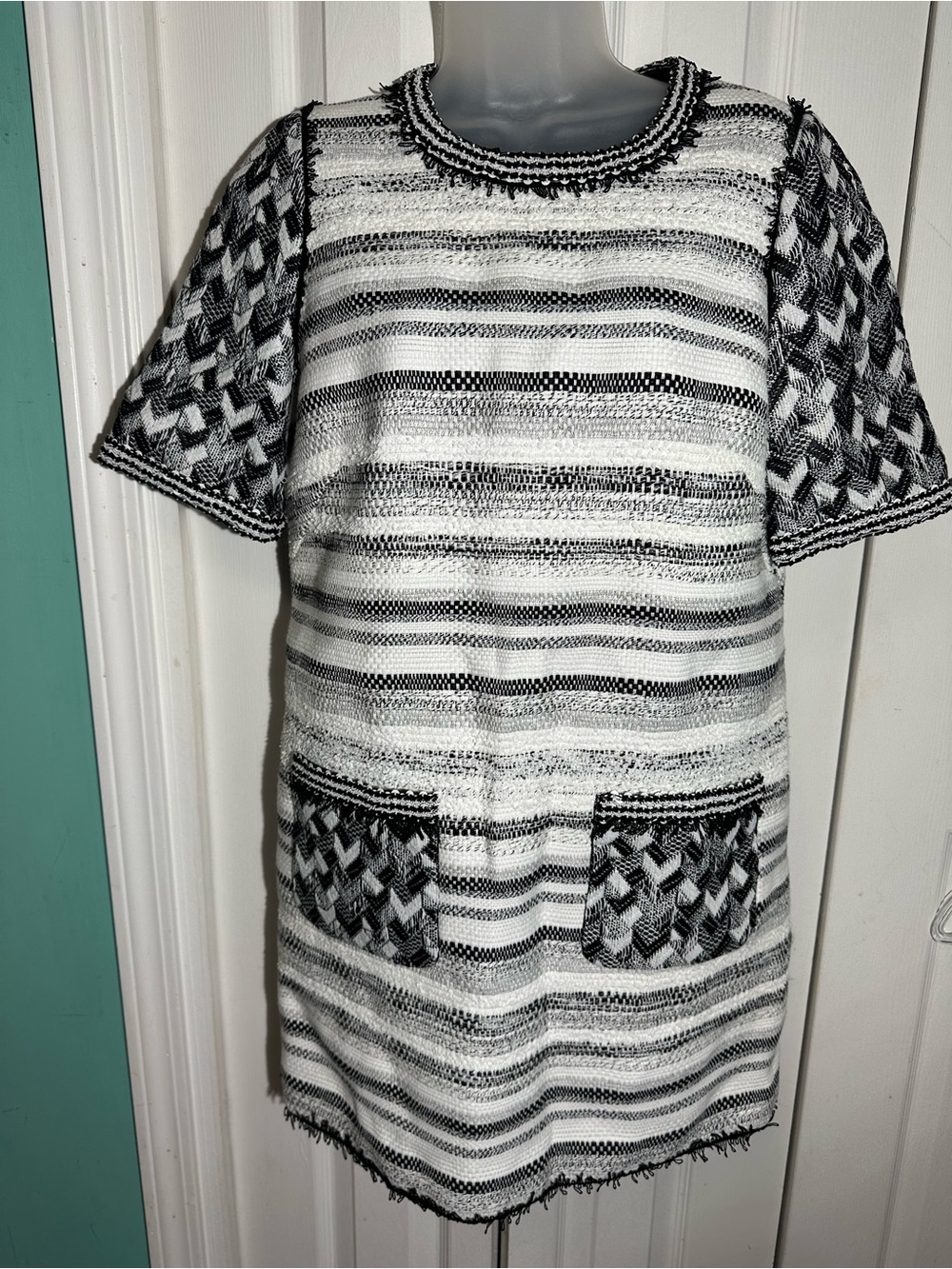 ANDREW GN Paris Black White Tweed Beaded Mini Shift Dress Sz 42 US 10 France A26